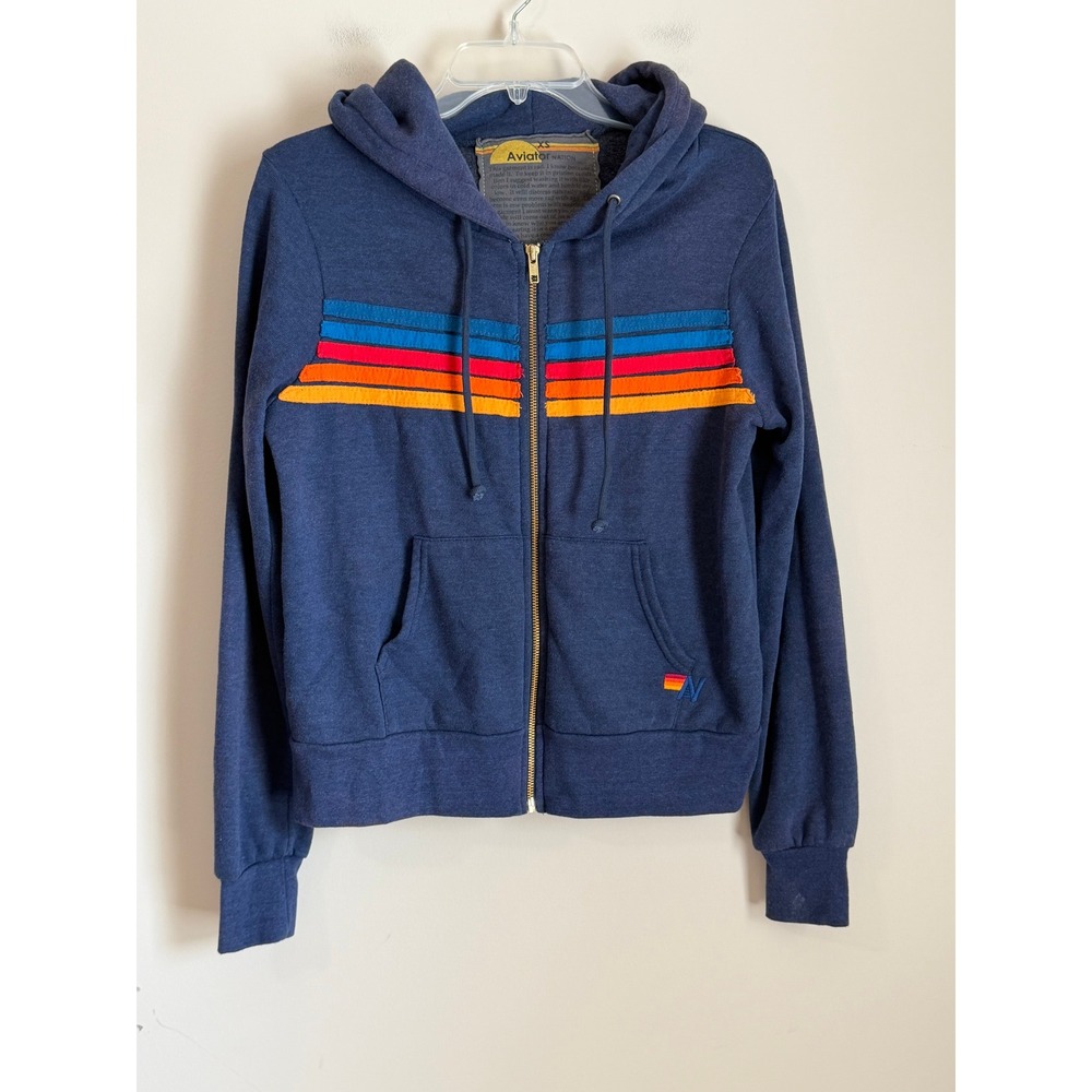 Aviator Nation Zip Hoodie Womens XS Navy Rainbow 5-Stripe Sweatshirt Full Zip